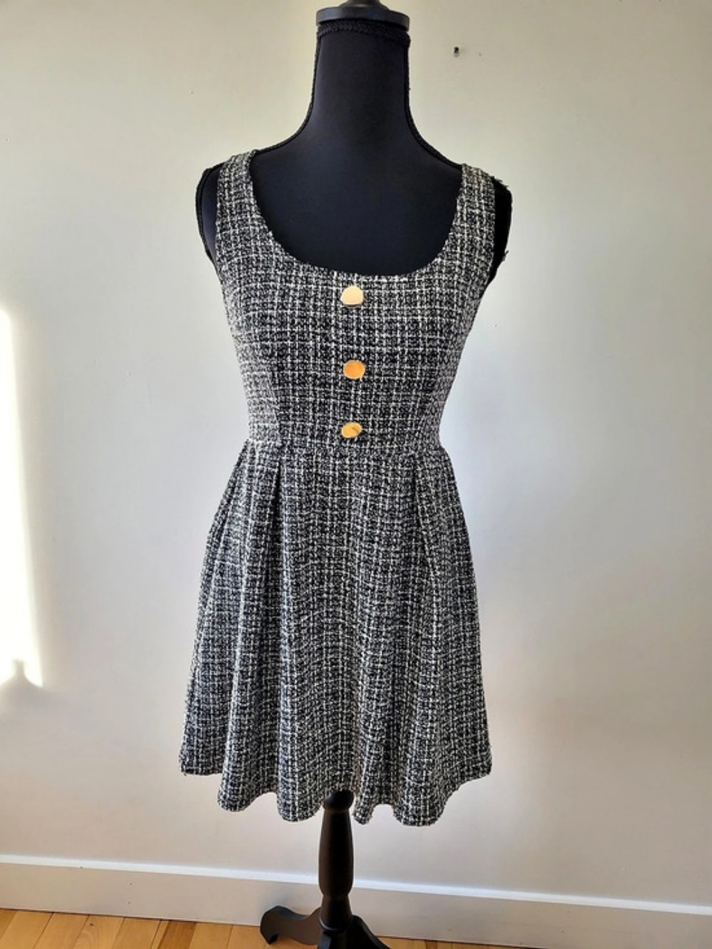 Chic Black & White Tweed Plaid Fit & Flare Mini Dress with Metal Buttons XS